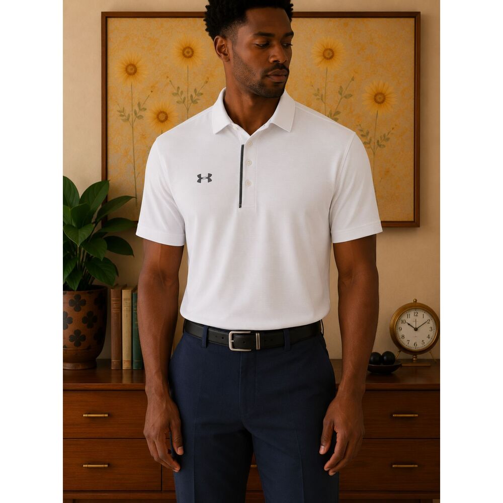 Under Armour Shirt Mens Large White Loose HeatGear Polo Golf Athletic Logo
